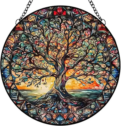 Tree of Life Suncatcher Indoor/Outdoor Stained Glass Window Hanging - Handmade Stained Glass Suncatchers for Windows Hanging - Decoration for Home Garden Christmas Party Wedding Housewarming Gifts