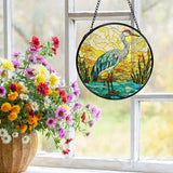 Beach Ocean Blue Heron Suncatchers Stained Glass Window Hanging, Coastal Ocean Sun Catchers Indoor Window Glass Round Wall Decor, Beachy Wall Hanging Decorations, 7.9x7.9in