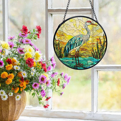 Beach Ocean Blue Heron Suncatchers Stained Glass Window Hanging, Coastal Ocean Sun Catchers Indoor Window Glass Round Wall Decor, Beachy Wall Hanging Decorations, 7.9x7.9in