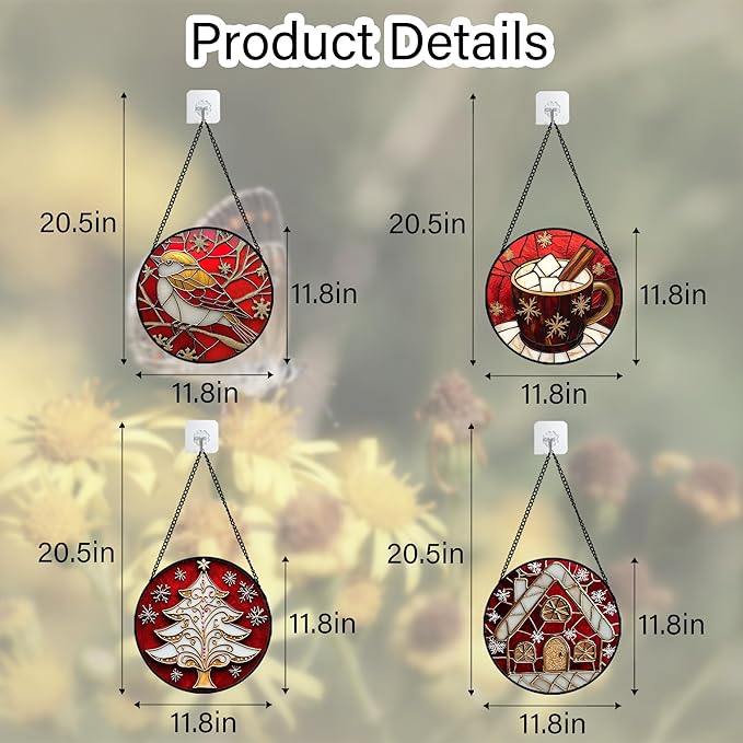 DASTOLL Stained Glass Window Hanging 4 Pcs Set Red Christmas Themed Decorations Large 11.8" - Suncatcher Door Garden Sun Catcher Decor Birthday New Year for Mom Woman Nana Men