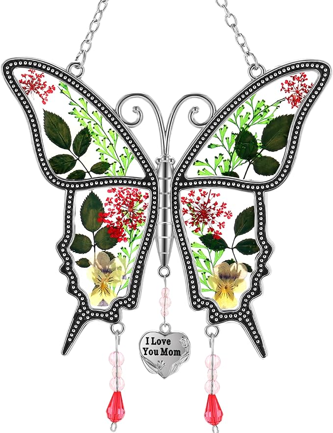 KY&BOSAM Butterfly Suncatcher I Love You Mom Stained Glass for Windows Hangings Wind Chimes with Pressed Flower and Metal Heart Charm for Mom Birthday Valentines Day Decor