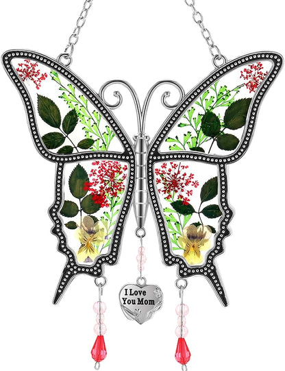 KY&BOSAM Butterfly Suncatcher I Love You Mom Stained Glass for Windows Hangings Wind Chimes with Pressed Flower and Metal Heart Charm for Mom Birthday Valentines Day Decor