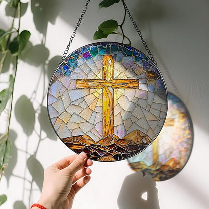 8-Inch Catholic Cross Stained Glass Suncatcher, Stained Glass Window Hanging, Religious Ornament, Christian Home Decor, Sun Catcher Window Decor — Gift for Christmas, Christian Gifts, Religious Gifts