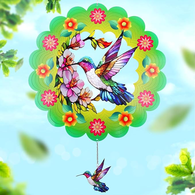 FACIACC Wind Spinners Outdoor,Hummingbird Metal 3D Hanging Garden Decor, 12-inch Stainless Steel Wind Spinner with Tail Spinner, Wind Sculptures for Indoor Patio Lawn Yard, Ornament Gift for Women/Men