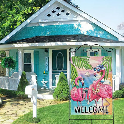 Dyrenson Welcome Summer Flamingo 28 x 40 House Flag Double Sided, Beach Coastal Tropical Palm Leaves Garden Yard Decoration, Hawaii Nautical Seasonal Burlap Outdoor Décor Decorative Large Flag