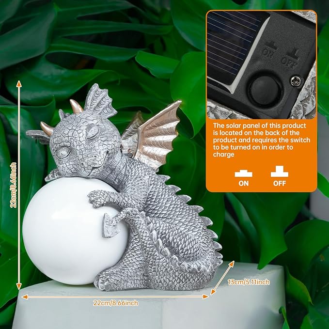 8.6" Solar Dragon Garden Statue,LED Figurine Light,Resin Outdoor Sculpture,Solar Patio Accent Decor,Night Garden Statue,Powered Sculpture Yard Art,Landscape Decor,Path Light Ornament