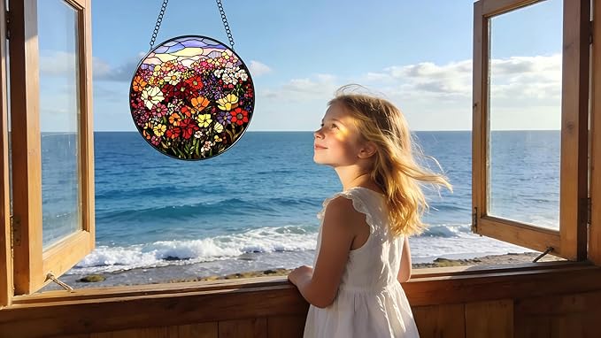 Stained Glass Window Hanging Ornament, Flowers and Green Leaves 6.3 Inches Suncatcher for Window Home Decor Bithday Christmas Monther's Day Gifts for Women Men and Mom