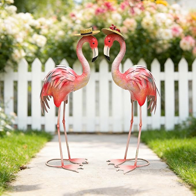 chisheen Flamingo Statues Pink Bird Art Garden Sculptures Outdoor Metal Yard Decor for Wedding Gifts Patio Lawn Porch Ornament Decoration