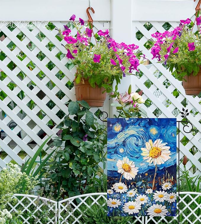 Spring Summer Garden Flag 12x18 Inch Double Sided Starry Night Daisy Flowers Small Burlap Yard Flag Seasonal Farmhouse Outdoor Outside Decoration