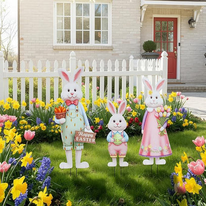 DoubleFill 3 Pcs Easter Decorations Outdoor 3D Metal Easter Eggs Tulip Yard Signs Decorative Garden Stakes Eggs Bunny Gnome Lawn Decorations Yard Decor for Spring Lawn Pathway Garden (Bunny Style)