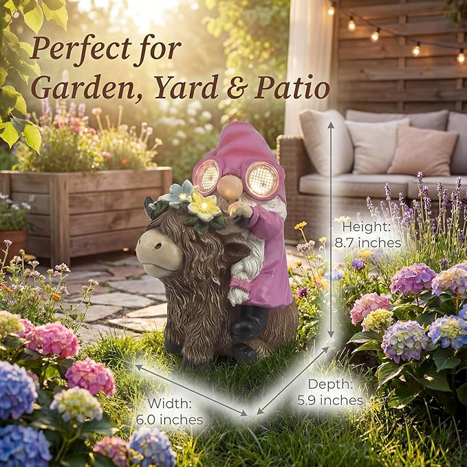 iStatue Solar Highland Cow Garden Statue with Animated LED Goggles - 8.7" Resin Gnome Figurine Moving Pixel Matrix Eyes Unique for Mom Women (Pink)