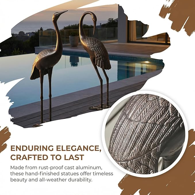 Polibi Crane Garden Statue Set of 2, Rustproof Cast Aluminum Bird Sculptures, Dark Bronze Finish Outdoor Yard Art Decor, Metal Crane Statues for Patio Lawn Backyard, No Assembly