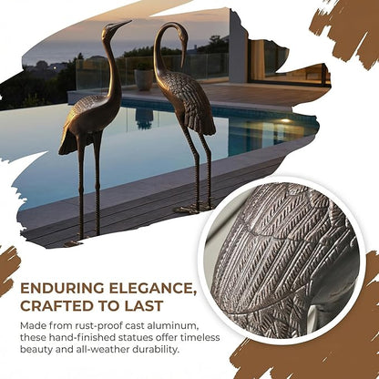 Polibi Crane Garden Statue Set of 2, Rustproof Cast Aluminum Bird Sculptures, Dark Bronze Finish Outdoor Yard Art Decor, Metal Crane Statues for Patio Lawn Backyard, No Assembly