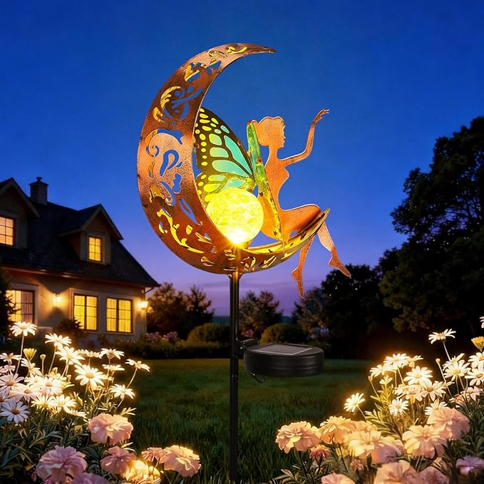 Solar Watering Can Lights with Fairy & Flowers, Outdoor Garden Decor with Cascading String Lights, Waterproof Solar Powered Hanging Light for Patio Yard Pathway, Gift for Mom Lovers Gardeners (Fairy)