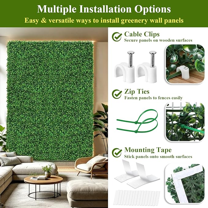 28Pcs Artificial Grass Wall Panels 10" x 10" Faux Boxwood Green Wall UV Resistant Privacy Screen 19.44 Sq Ft with Full Installation Kit for Indoor Outdoor Garden Fence Party Decor