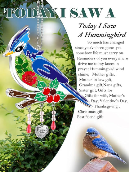 KY&BOSAM Blue Bird Suncatcher My Precious Sister Gift Glass Sun Catchers for Window Hainging Wind Chime Ornament with Real Flower and Metal Charm Birthday Gifts for Women Sister Mother's Day Christmas