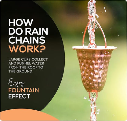 Copper Hammered Rain Chain – Decorative Chimes & Cups Replace Gutter Downspout & Divert Water Away from Home for Stunning Fountain Display – 3’ Long for Universal Fit – Bell Style