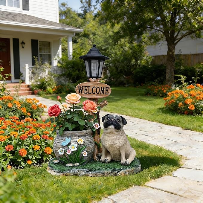 Solar Garden Statue with Planter & Solar Lantern, Outdoor Resin Animal Sculpture, Waterproof Yard Lawn Decor Pot for Succulents, Front Porch Ornament Housewarming Gift (Pug)