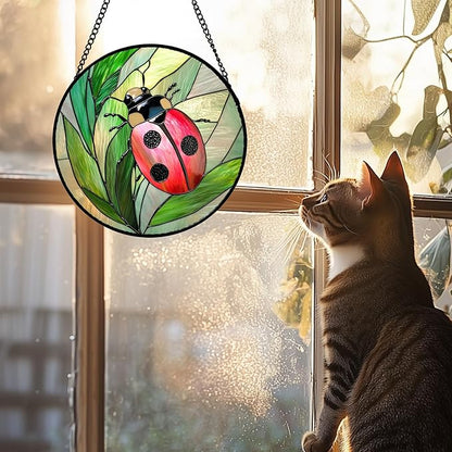 DASTOLL Stained Glass Window Hanging 4 Pcs Set Pink Green Insect Theme Large 11.8" - Butterfly Suncatcher Door Garden Sun Catcher Decor Birthday Christmas for Mom Woman Nana Men