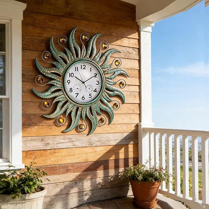 COOZZUHOUR 25 Inch Metal Sun Outdoor Shaped-Clock with Thermometer and Hygrometer Combo, Battery-Powered 10-inch Waterproof Dial and Silent Quartz Movement for Home Decorative Gifts(Cyan)