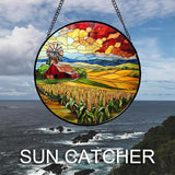 Stained Glass Window Hanging Autumn Farm Corn Harvest Landscape 9.8" - Suncatcher Garden Door Sun Catcher Home Decor Birthday Christmas for Woman Mom Friend Men Nana