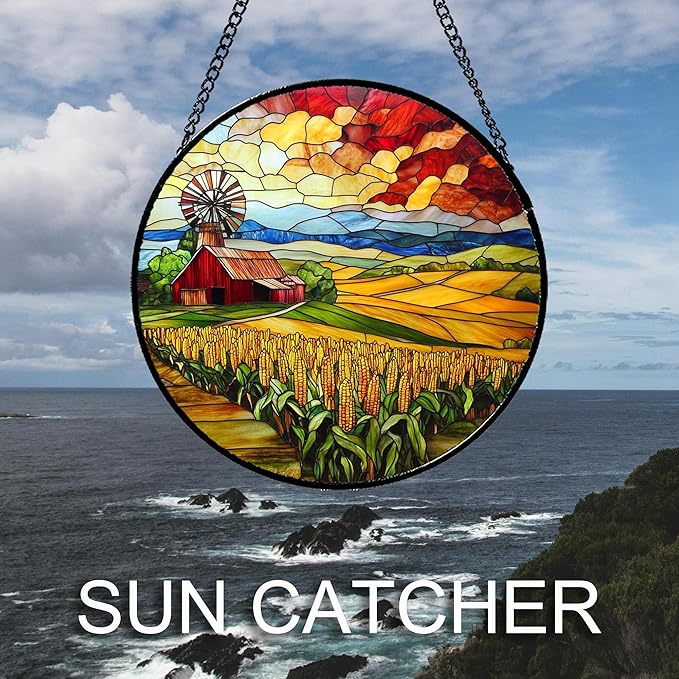 Stained Glass Window Hanging Autumn Farm Corn Harvest Landscape 7.8" - Suncatcher Garden Door Sun Catcher Home Decor Birthday Christmas for Woman Mom Friend Men Nana