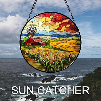 Stained Glass Window Hanging Autumn Farm Corn Harvest Landscape 7.8" - Suncatcher Garden Door Sun Catcher Home Decor Birthday Christmas for Woman Mom Friend Men Nana
