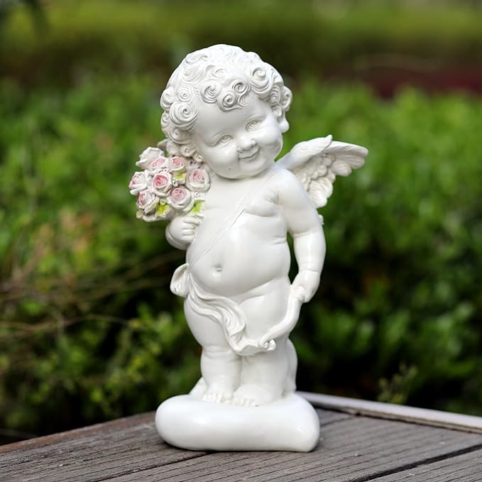 Garden Cupid Angel Statue with Pink Roses, White Cherub Figurine, Outdoor Indoor Decorative Sculpture