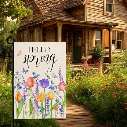 Hello Spring Garden Flags Tulip Lavender Yard Flag Butterflies Floral Seasonal Garden Flags Welcome Spring Flowers Rustic Home Banner for Outdoor House Summer Decoration