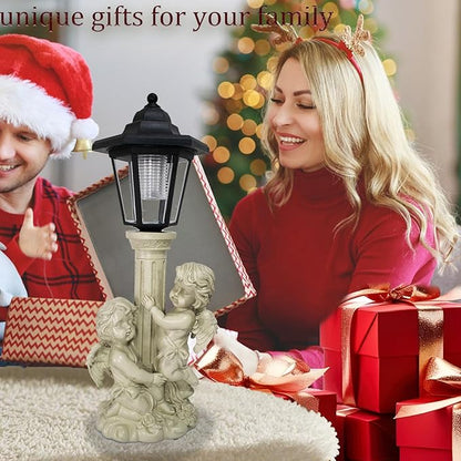 Angel Boy and Girl Statue with Solar Lantern, Outdoor Solar Angel Garden Statue with Roma Pillar for Garden Lawn Patio Yard Deocr, Mother's Day Birthday Gift