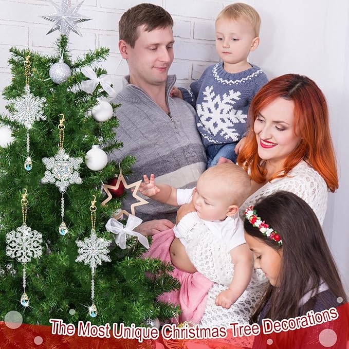4 Pcs 5D 9.7x3 inch Christmas Diamond Painting Kits DIY Point Drill Diamond Painting Wind Crystal Wind Chimes Double Snowflake Ornaments with Crystal Pendant for Home Garden Hanging Decor(White)