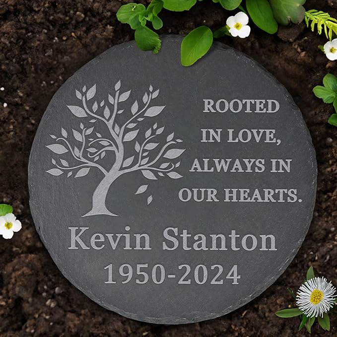 Memorial Garden Stone, VAPCUFF Memorial Stone, Personalized Memorial Gifts Sympathy Gifts for Loss of Loved One Bereavement Gift for Loss of Father Mother - Rooted in Love Always in Our Hearts - Round