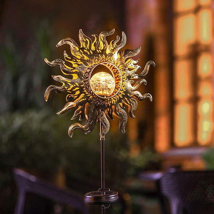 Hapjoy Solar Lights Outdoor Garden Decor Solar Powered Sun Lantern for Yard, Patio,Lawn or Pathway Sun Decorations Crackle Glass Globe Stake Metal Lights Waterproof Warm LED Garden Pathway