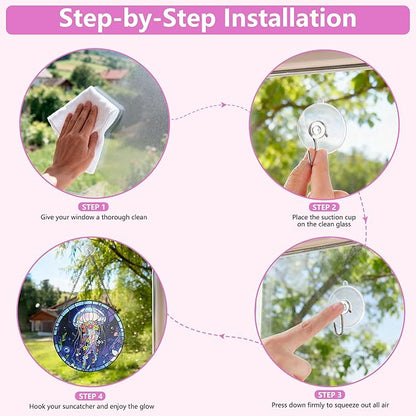 Stained Glass Window Hanging, Blue Jellyfish & Flowers Circular Painted Glass Suncatcher with Chain & Suction Cup for Home Garden Door Decor, Birthday for Women Men Mom 7.8 in