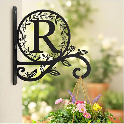 Metal Initial Letter R Plant Hanger Bracket, Decorative Wall Mount Hanging Plant Hook, Monogram Floral Leaf Garden Decor for Hanging Baskets, Bird Feeders, Lanterns, Wind Chimes