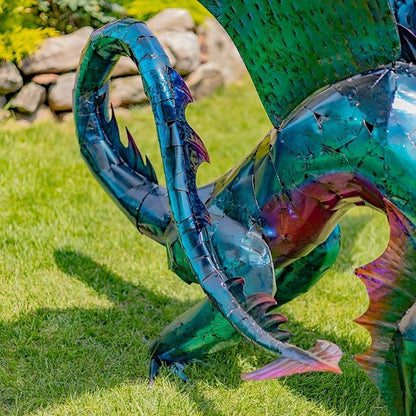 Zaer Ltd. Large Metal Dragon Statue, 89" L x 79" W x 73" H, Powder Coated (Oil-Slick Purple Blue)
