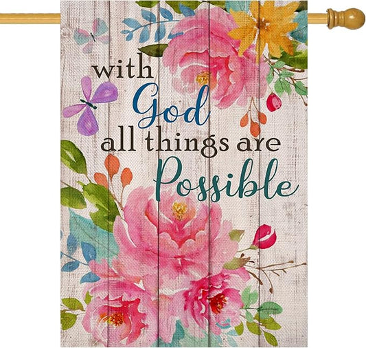 Artofy with God all Things are Possible Christian Home Decorative House Flag, Spring Summer Garden Yard Religious Outdoor Peony Flower, Inspirational Butterfly Outside Farmhouse Large Decor 28 x 40