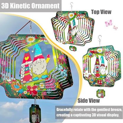 Sweet Gnome Wind Spinners for Yard and Garden,12 Inch 3D Stainless Steel Hanging Kinetic Yard Art Wind Sculpture, Kinetic Art Garden Decor for Christmas Outdoor & Indoor