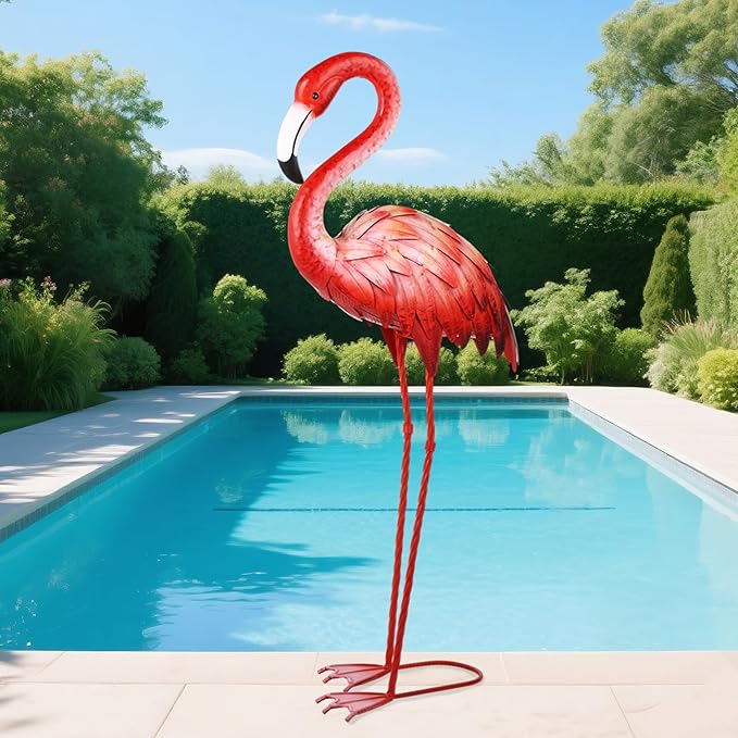 Shorayn Pink Flamingo Garden Statue Outdoor Decor Metal Yard Art Lawn Ornaments for Backyard Pond Patio Porch Outside Decorations,Large Size