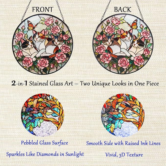 Double Sided Stained Glass Window Hanging, 7.9" Sun Catcher Panel, Green Plant Wall Art for Home & Garden, Unique Gift for Women & Men (Cats in Roses, 7.9 Inch)
