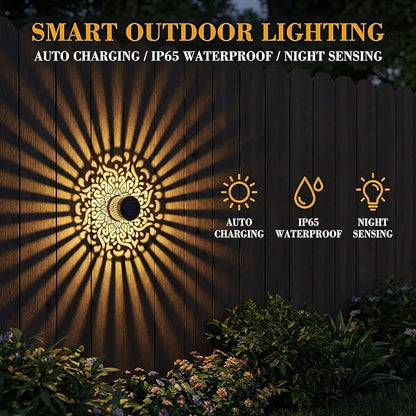 Decorative Solar Mandala Lights, Metal Solar Powered Outdoor Deck Step Wall Lights, Mandala Theme Waterproof Fence Light for Garden Post Patio Backyard Yard Decor (4)