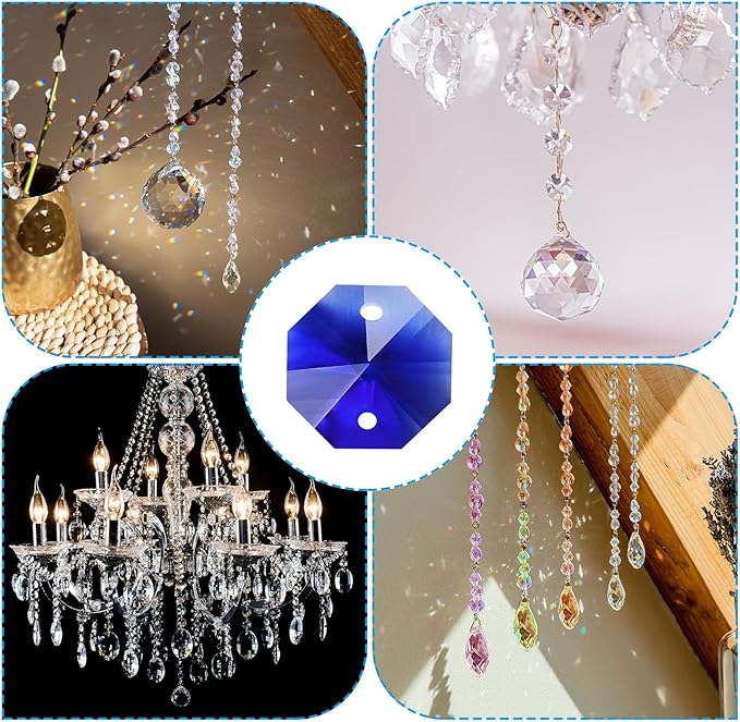 PATIKIL K9 Crystal Octagon Beads 2 Holes Pendants, 60 Pack 14mm Chandelier Prisms Parts Ornaments Hanging Beads for DIY Arts Crafts Decoration, Dark Blue