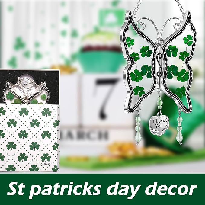 KY&BOSAM Shamrock Butterfly Suncatcher I Love You Irish Stained Glass for Windows Hangings Ornament for Wind Chiem Real Flower Wings Gift fo Women St Patrick's Day Mothers Day Valentine's Home Decor