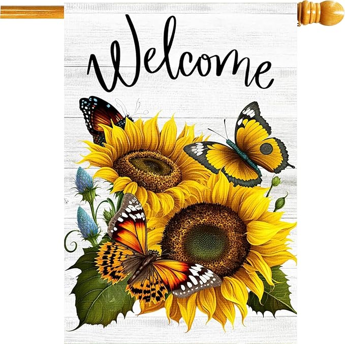 Summer Sunflower Butterfly Garden Flag 28x40 inch Double Sided Welcome Large House Flag, Outdoor Yard Flag for Porch Farmhouse Summer Decor