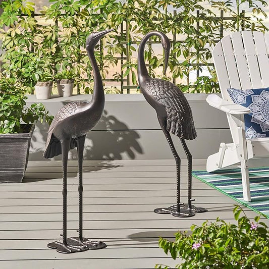 Polibi Crane Garden Statue Set of 2, Rustproof Cast Aluminum Bird Sculptures, Dark Bronze Finish Outdoor Yard Art Decor, Metal Crane Statues for Patio Lawn Backyard, No Assembly
