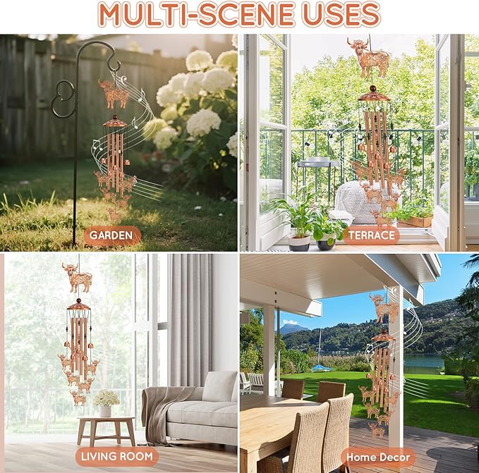 Highland Cow Wind Chimes for Outside Metal Windchimes Highland Cow Gifts for Women Men Garden Decor for Patio Yard Sympathy Memorial