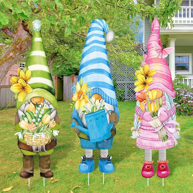 Umigy 3 Pcs Spring Yard Gnome Sign with Stakes 32 x 10 Inch Cute Spring Garden Decor Outdoor Lawn Sign Outside Flower Garden Signs for Home Pathway Walkway