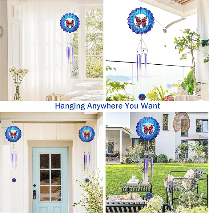 Wind Chimes with Butterfly Wind Spinner, Mom Gifts for Mom Women Grandma Birthday Retirement Teacher, 31" Windchimes Outdoor Decor Hanging Mobile for Garden Porch Patio Backyard
