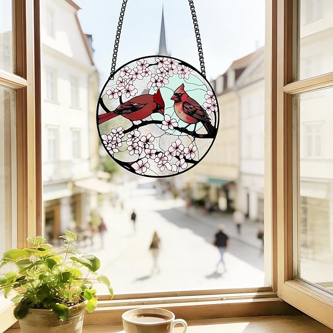 Stained Glass Window Hanging, Cardinal Sun Catcher Glass Panel with Metal Chain, Red Suncatcher Decor for Women, Men, Wife, Aunt, Lovers Birthday 7.8 in