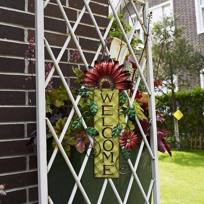 Metal Welcome Sign Hanging Flower Signs Wreath Decor - Rustic Decorative Door Hanger Indoor Outdoor Spring Decoration for Front Door Porch Wall (Red)